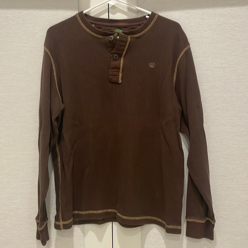 TIMBERLAND BROWN LONG SLEEVE WAFFLE BUTTON SHIRT! Size: XL